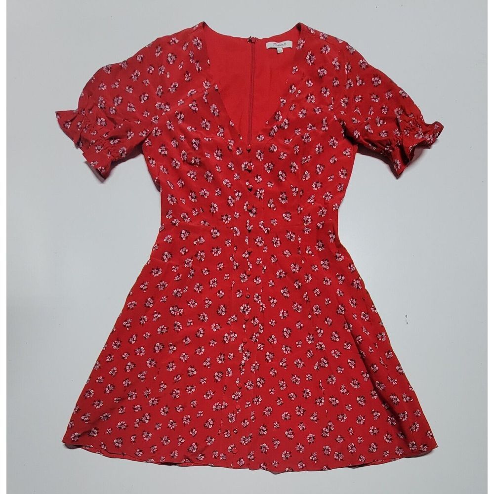 Madewell Red Silk Little Lilies Button Front Ruffle‎ Sleeve Short Dress Size 2